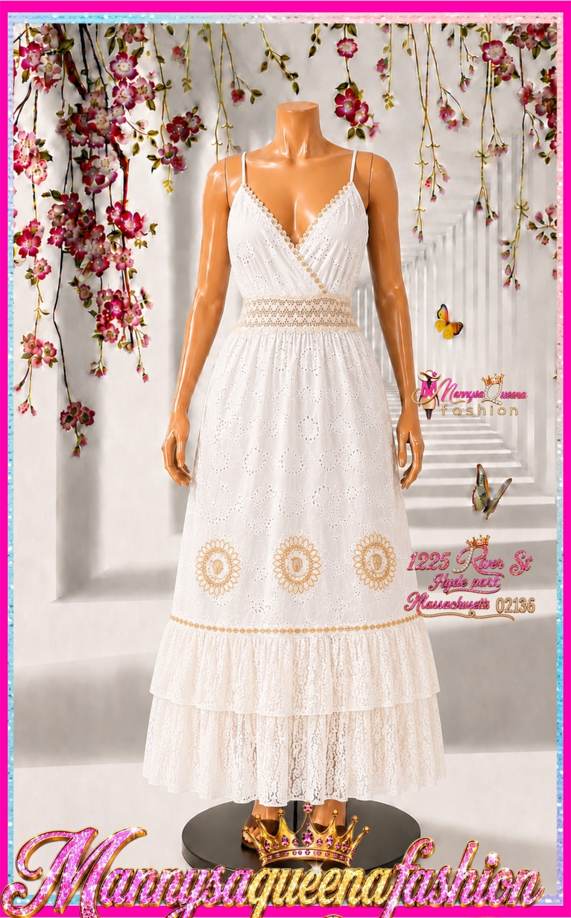 Sleeveless Tiered Crochet Eyelet Flowers Maxi Dress