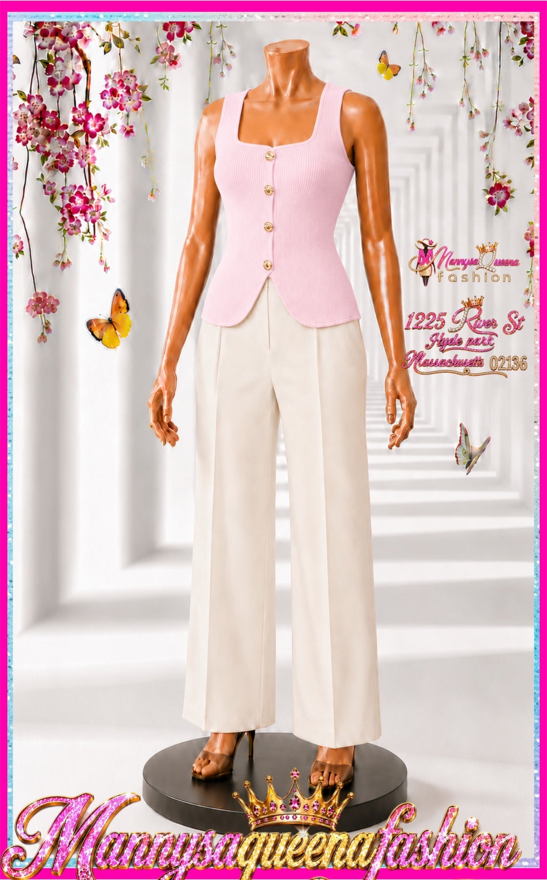 Square Neck Button Up Ribbed Top Pink