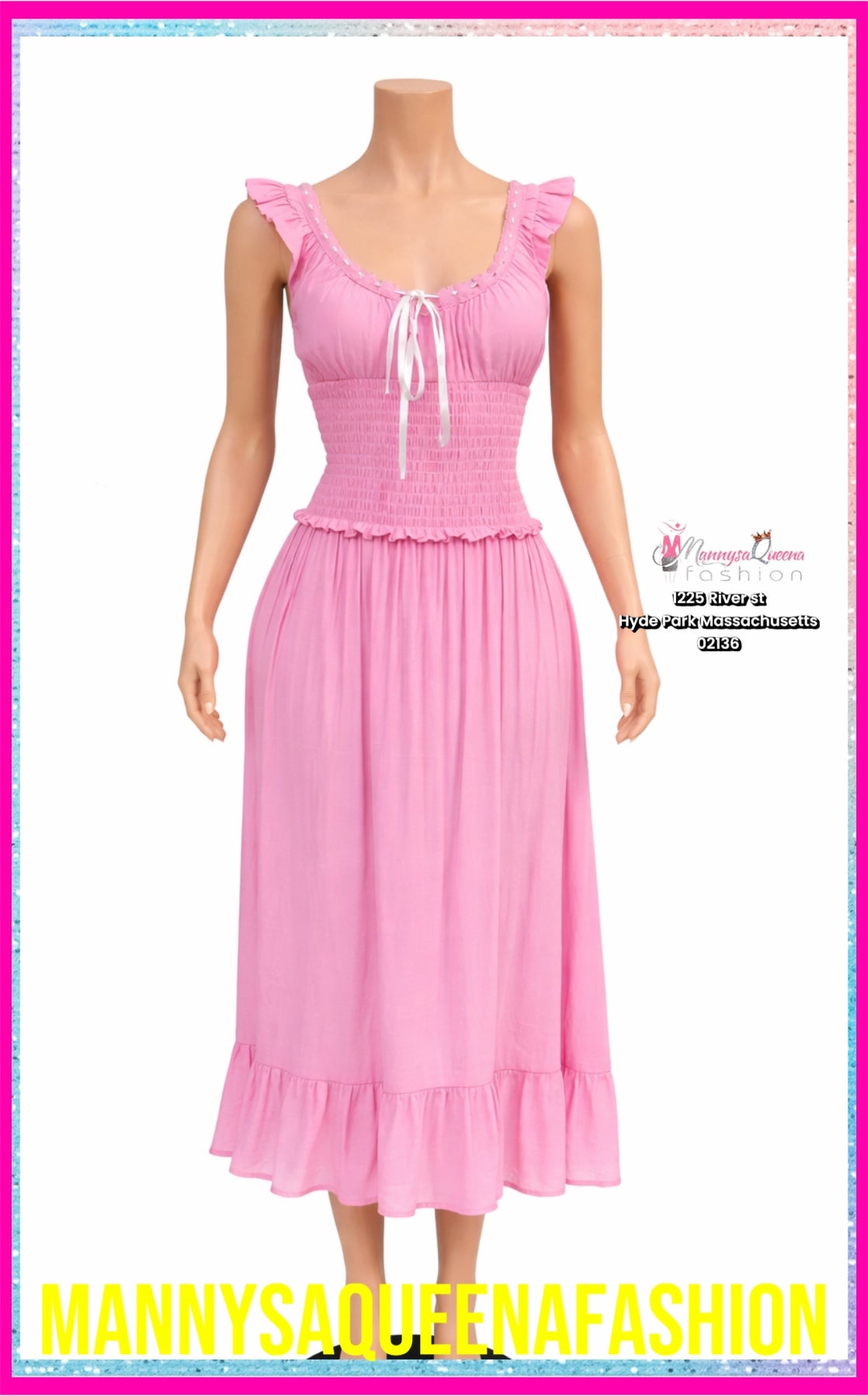 WOMEN'S SLEEVELESS V-NECK SMOCK WAIST MAXI DRESS PINK