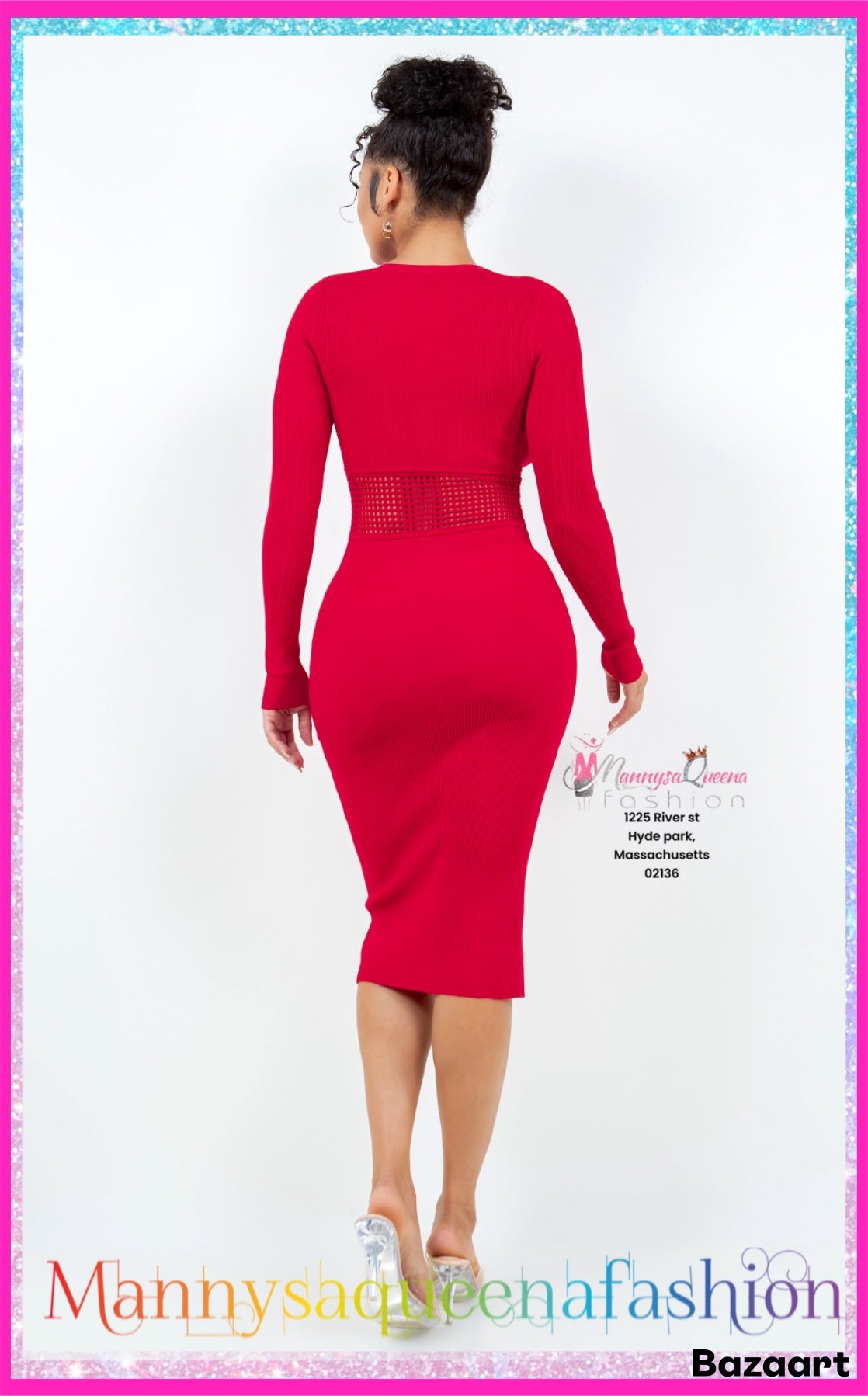 V-Neck Buttons Midi Dress Red