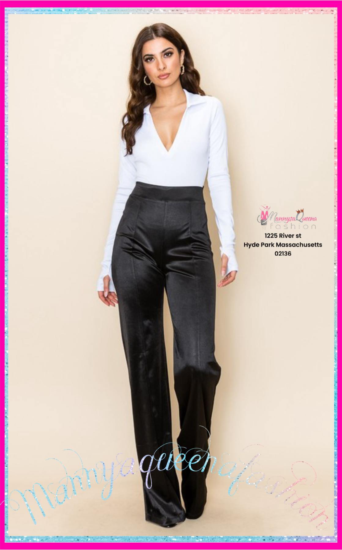 Satin Stretch High Waisted Pants Black