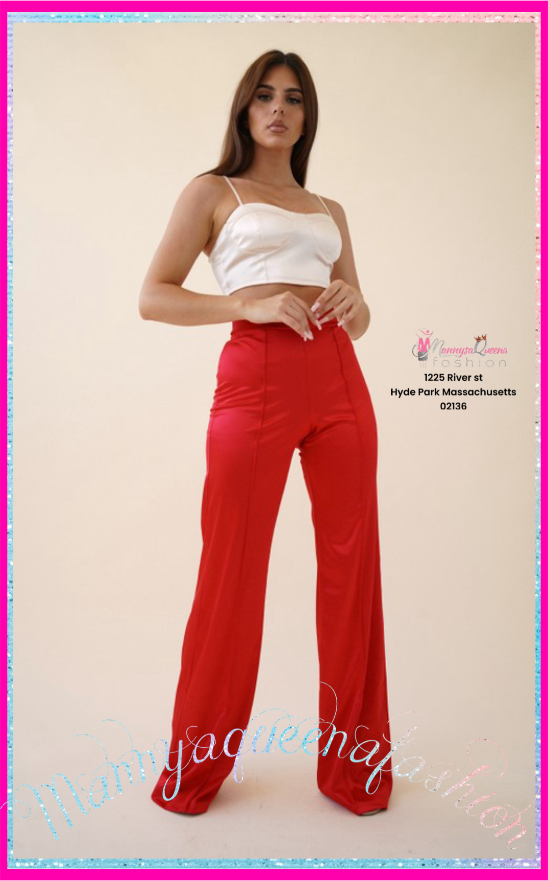 Satin Stretch High Waisted Pants Red
