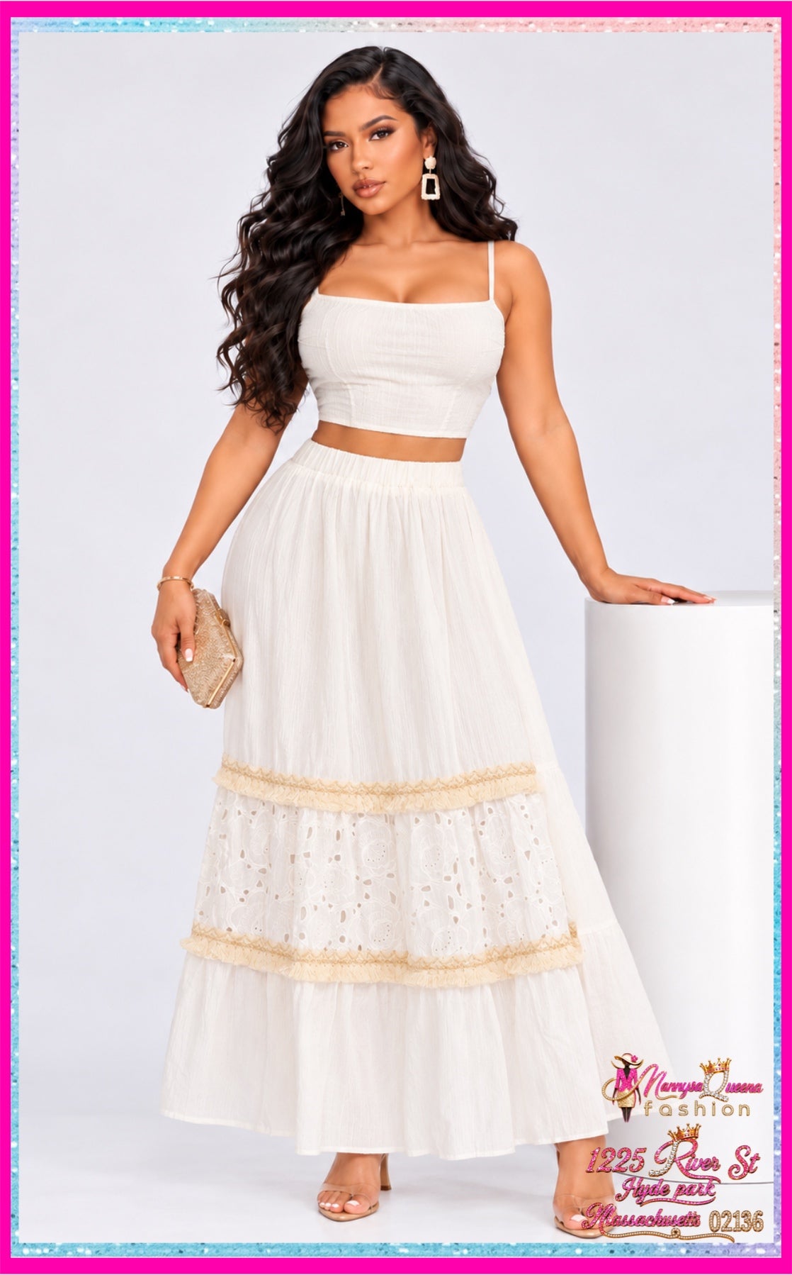 elastic waist tiered eyelet floral maxi skirt