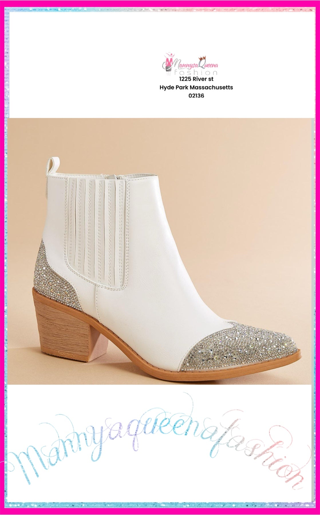 bling toe white faux leather boots