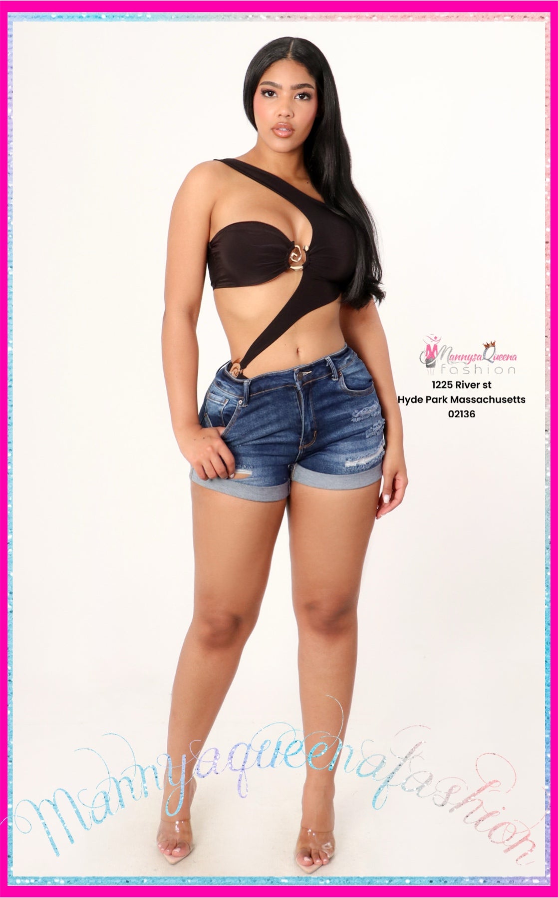 DARK WASHED DISTRESSED DENIM SHORT