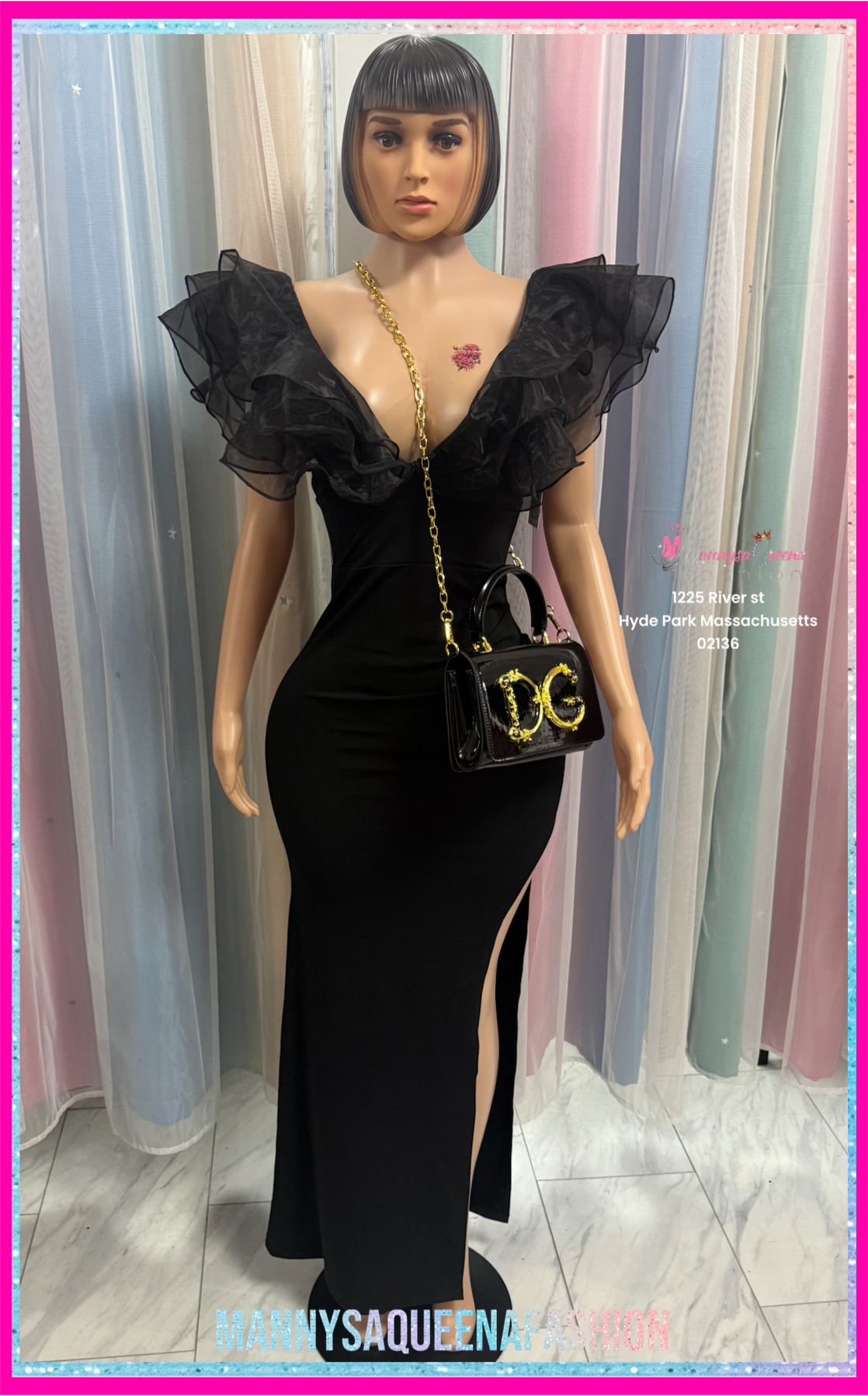 Mesh Ruffle Dress Black