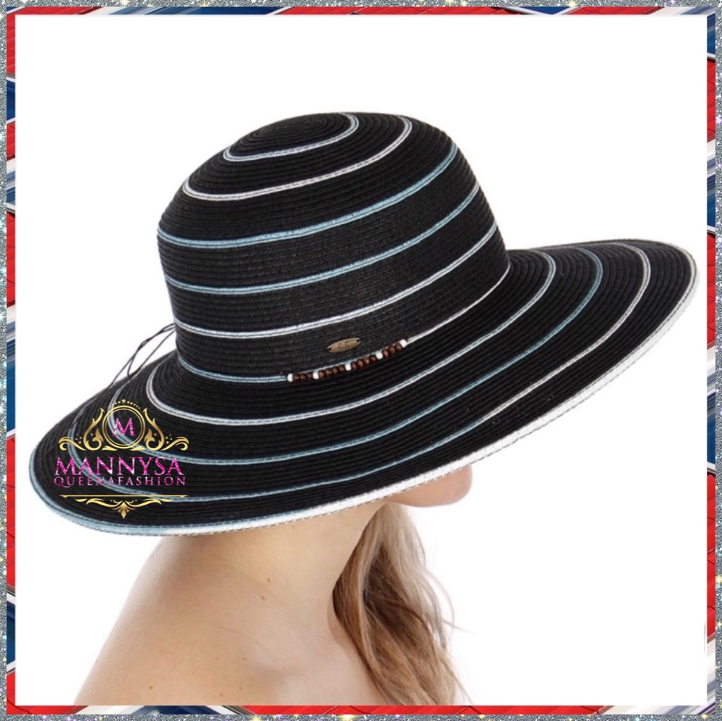 Striped beaded bow floppy hat