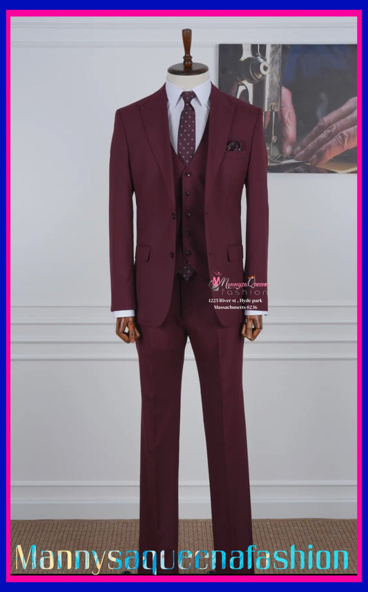 Deep Wine Slim Fit Men's Suit with Vest