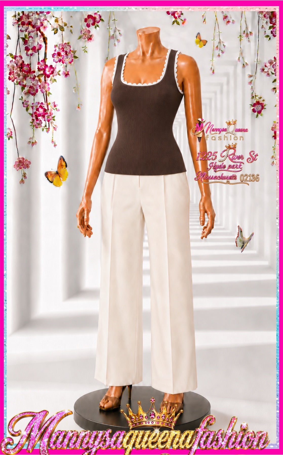 Pearl Detailed Trim Ribbed Tank Top Mocha