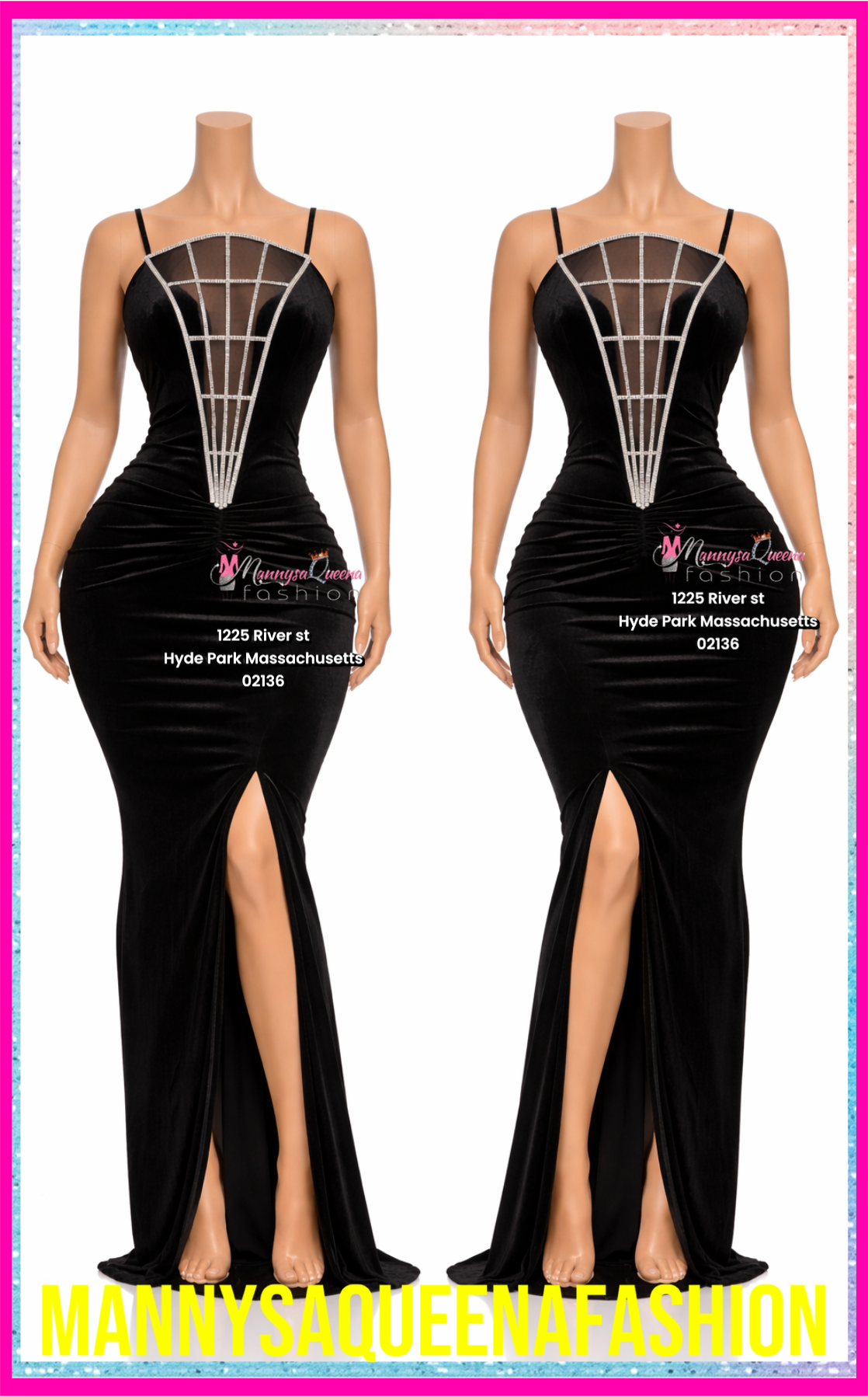 Black Glam Rhinestone Illusion Maxi Dress