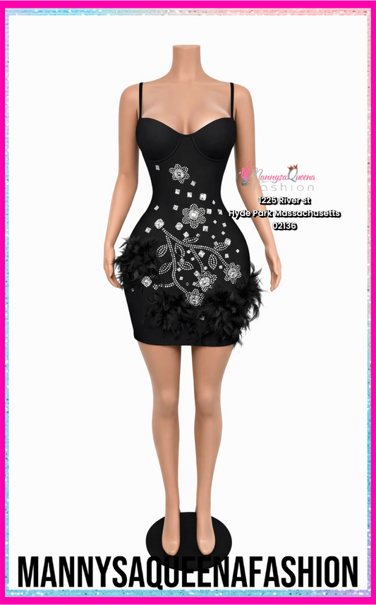 Midnight Crystal Feather Mini Dress Black
