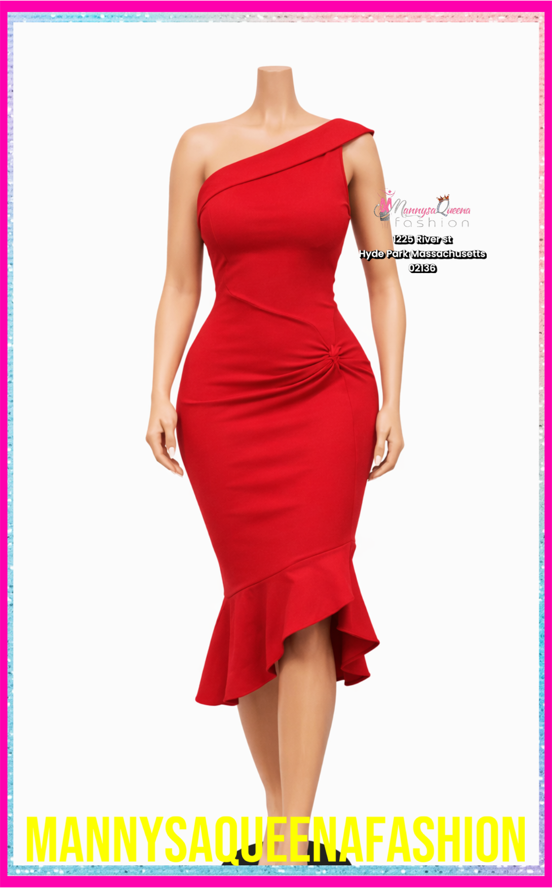 One-Shoulder Ruched Midi Dress Red