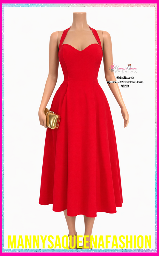 Halter Corset Midi Dress -Red