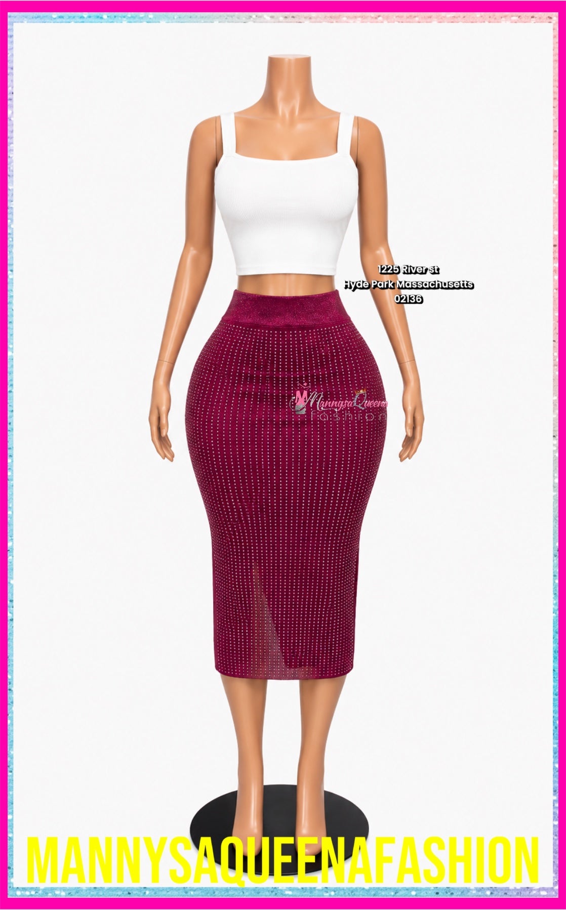 RHINESTONES MIDI SKIRT BURGUNDY