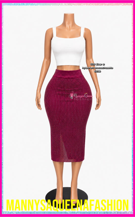 RHINESTONES MIDI SKIRT BURGUNDY