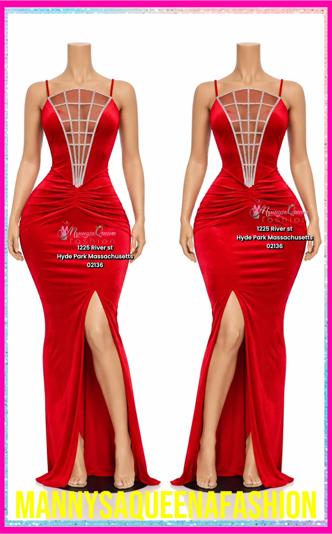 Red Glam Rhinestone Illusion Maxi Dress