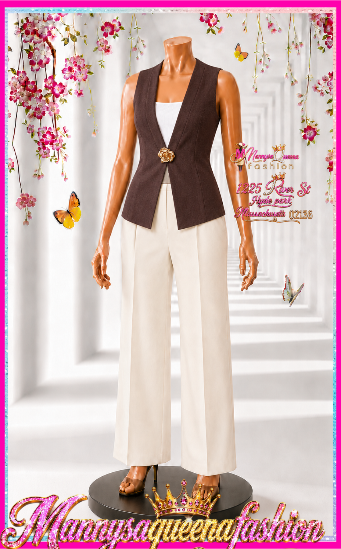 Sleeveless V-Neck Button Closure Ribbed Top Brown