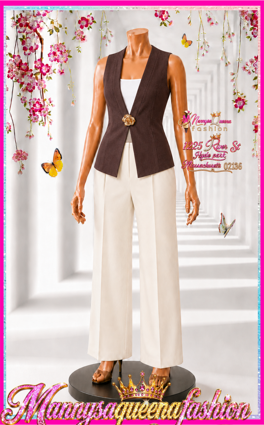 Sleeveless V-Neck Button Closure Ribbed Top Brown