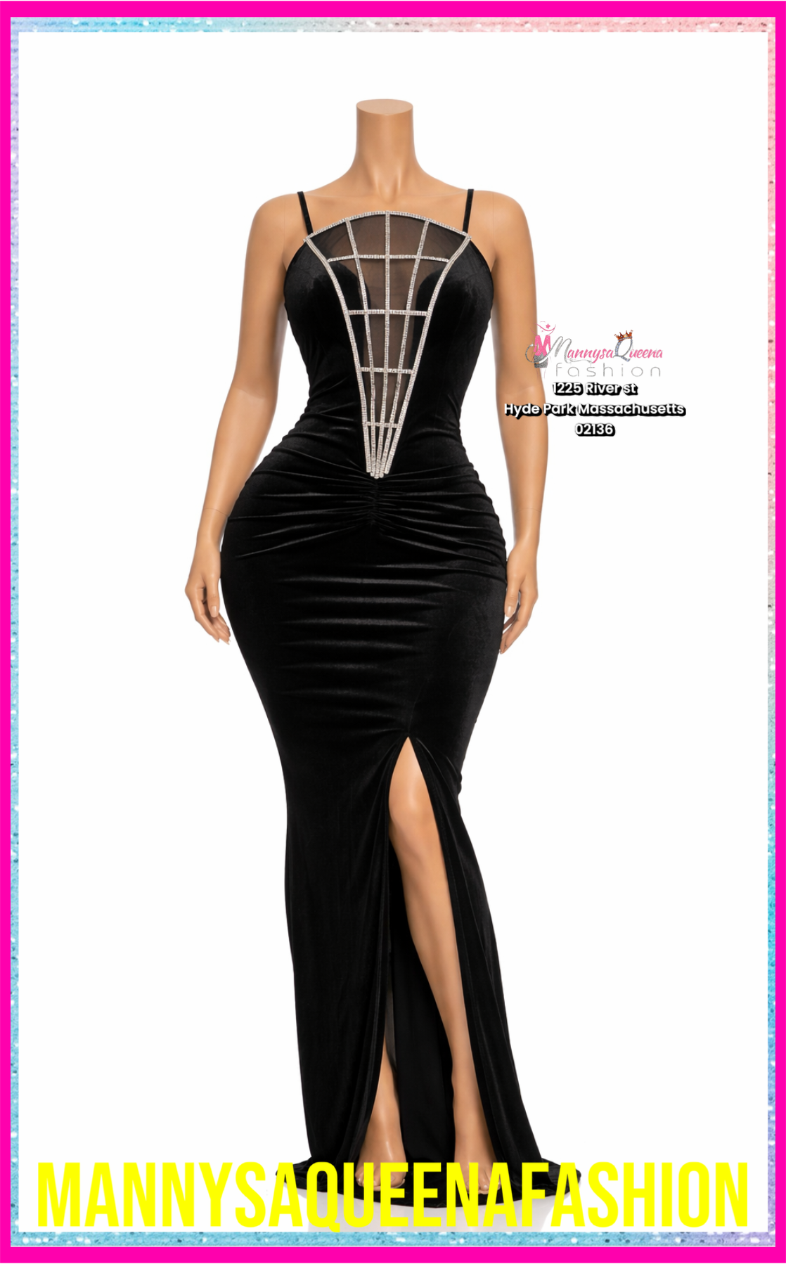 Black Glam Rhinestone Illusion Maxi Dress
