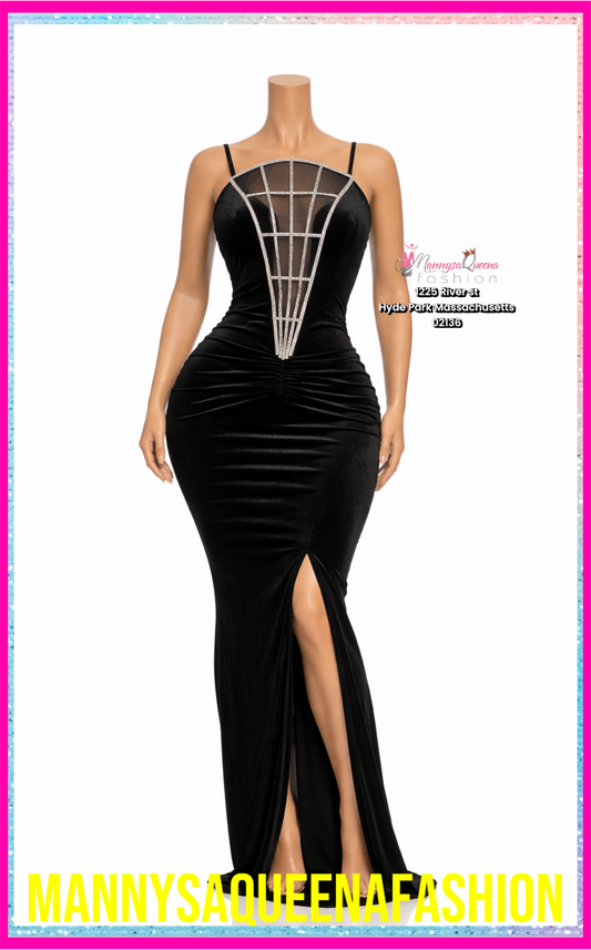 Black Glam Rhinestone Illusion Maxi Dress