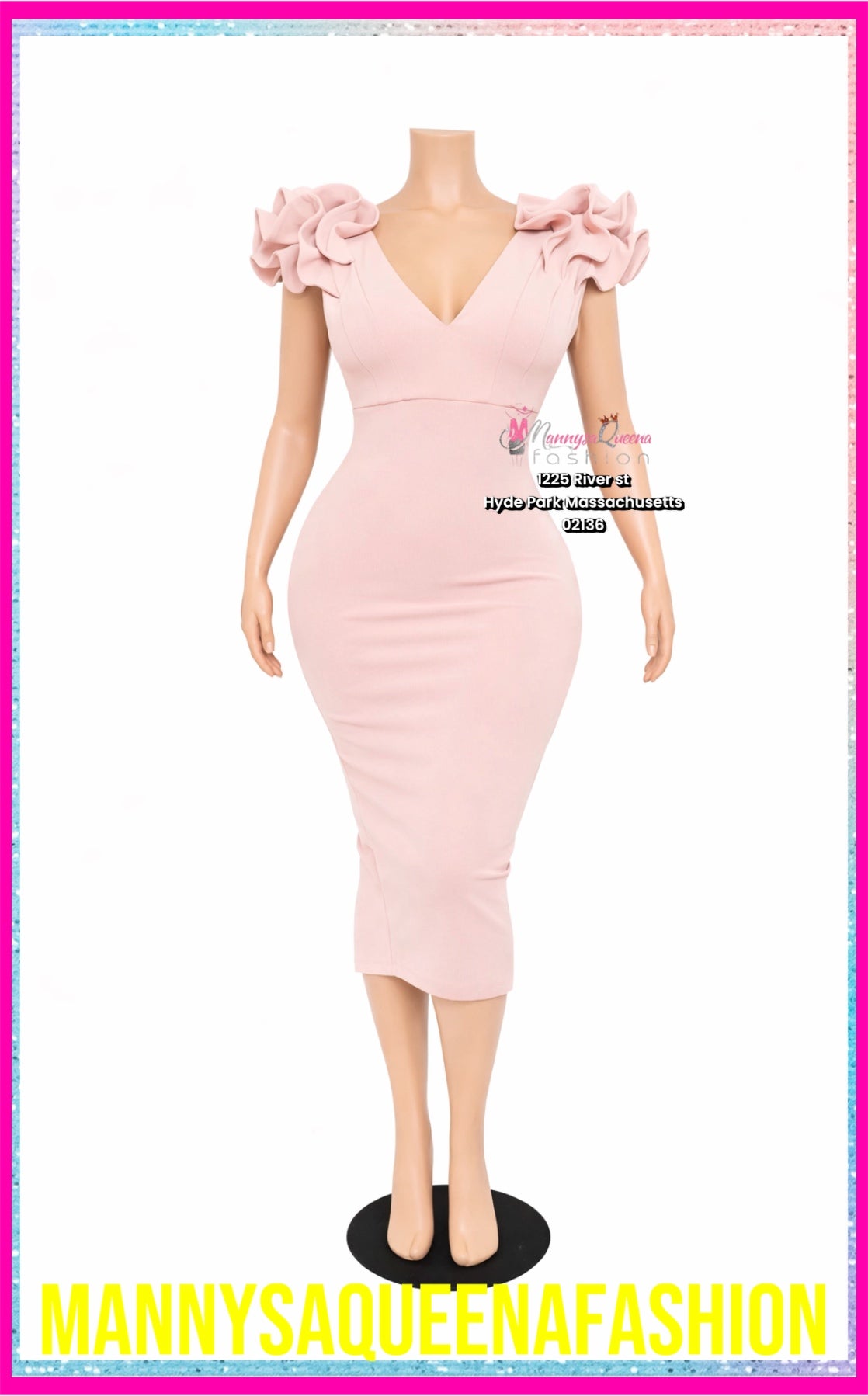 ROSE RUFFLE DETAIL SHOULDER MIDI DRESS