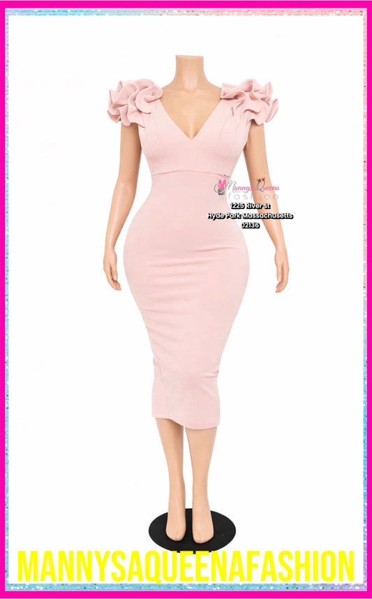 ROSE RUFFLE DETAIL SHOULDER MIDI DRESS