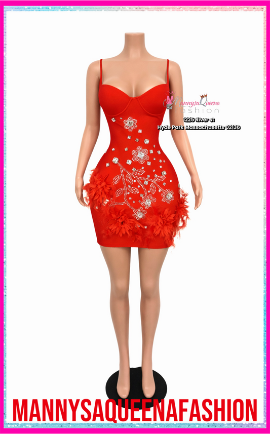 Midnight Crystal Feather Mini Dress Red