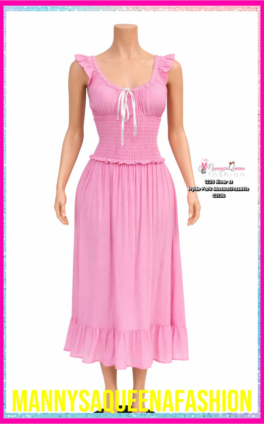 WOMEN'S SLEEVELESS V-NECK SMOCK WAIST MAXI DRESS PINK