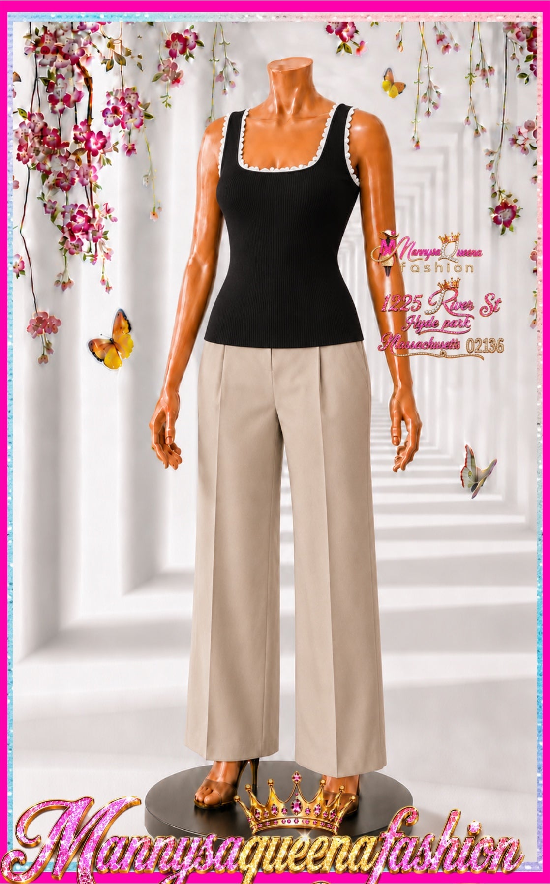 Pearl Detailed Trim Ribbed Tank Top Black