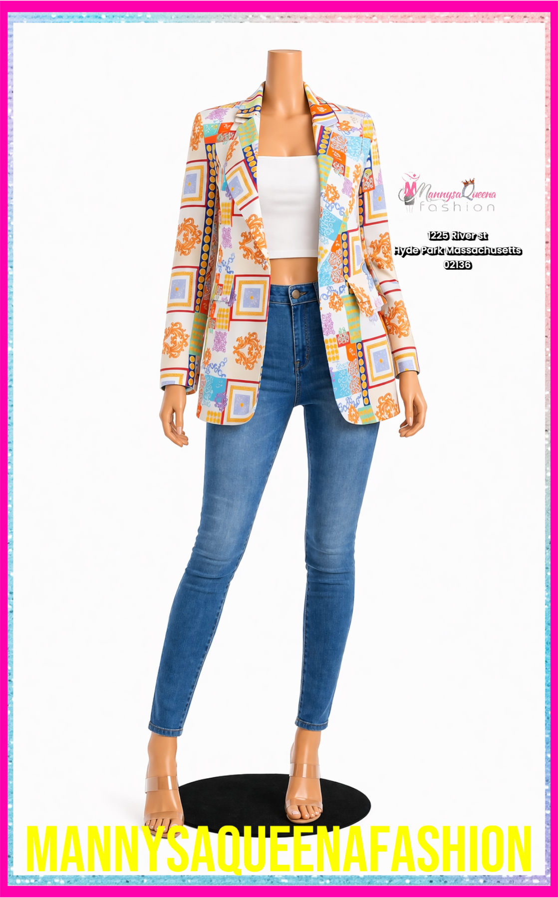 CLOSURE MULTI PRINT BLAZER WHITE