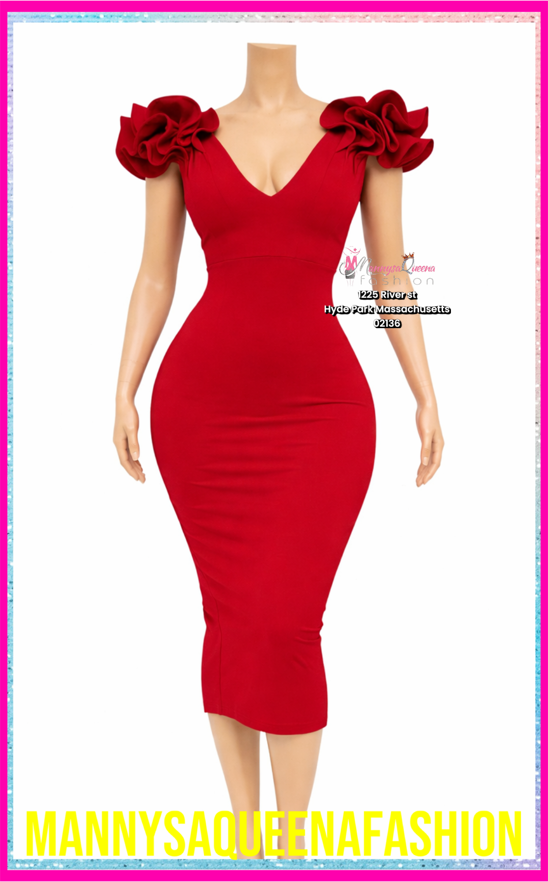 RED RUFFLE DETAIL SHOULDER MIDI DRESS
