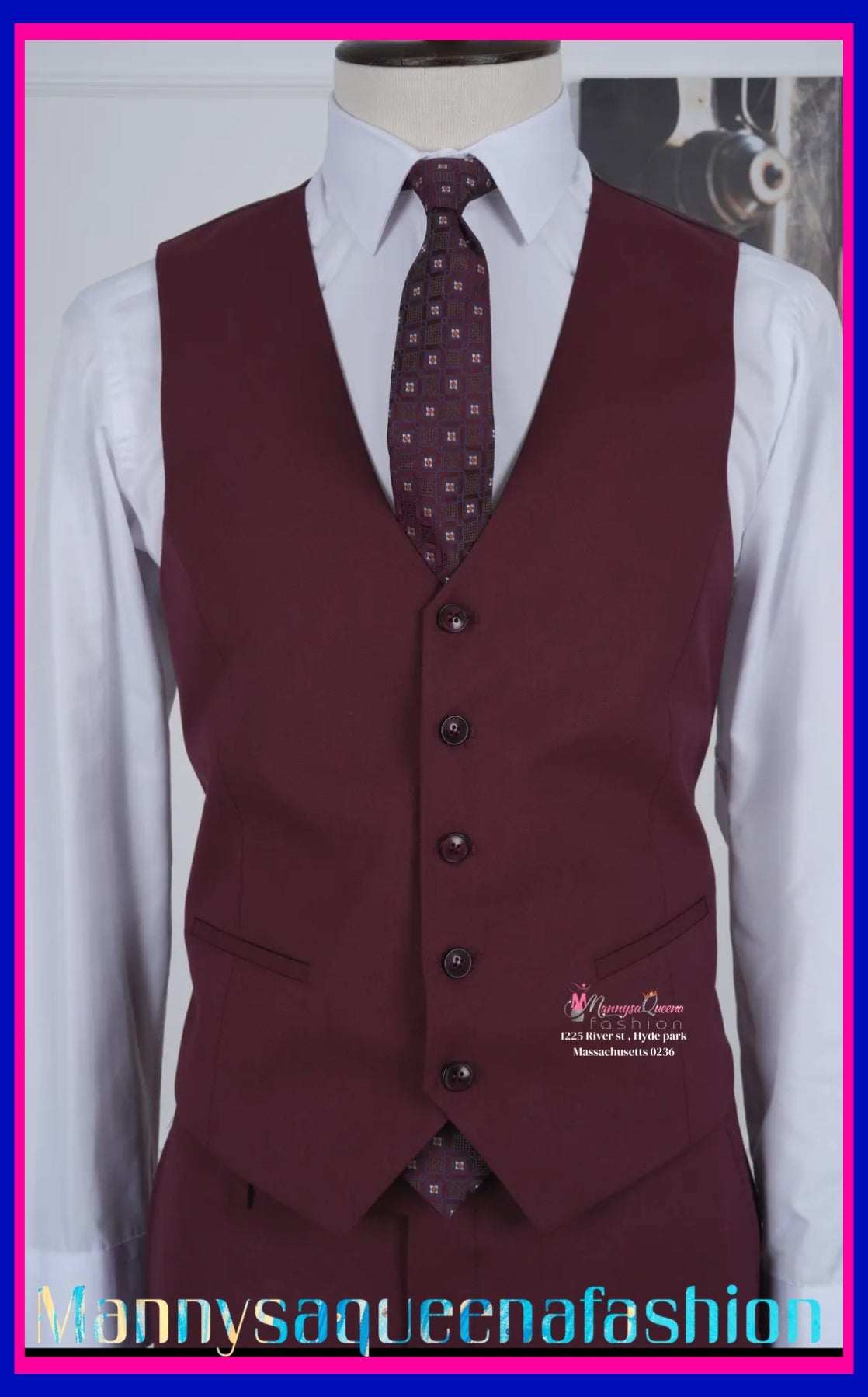 Deep Wine Slim Fit Men's Suit with Vest