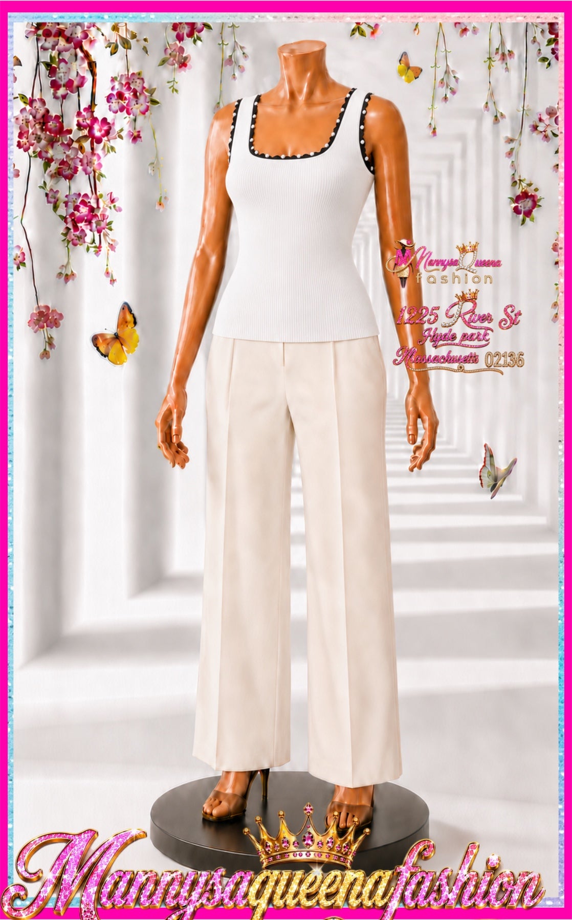Pearl Detailed Trim Ribbed Tank Top White