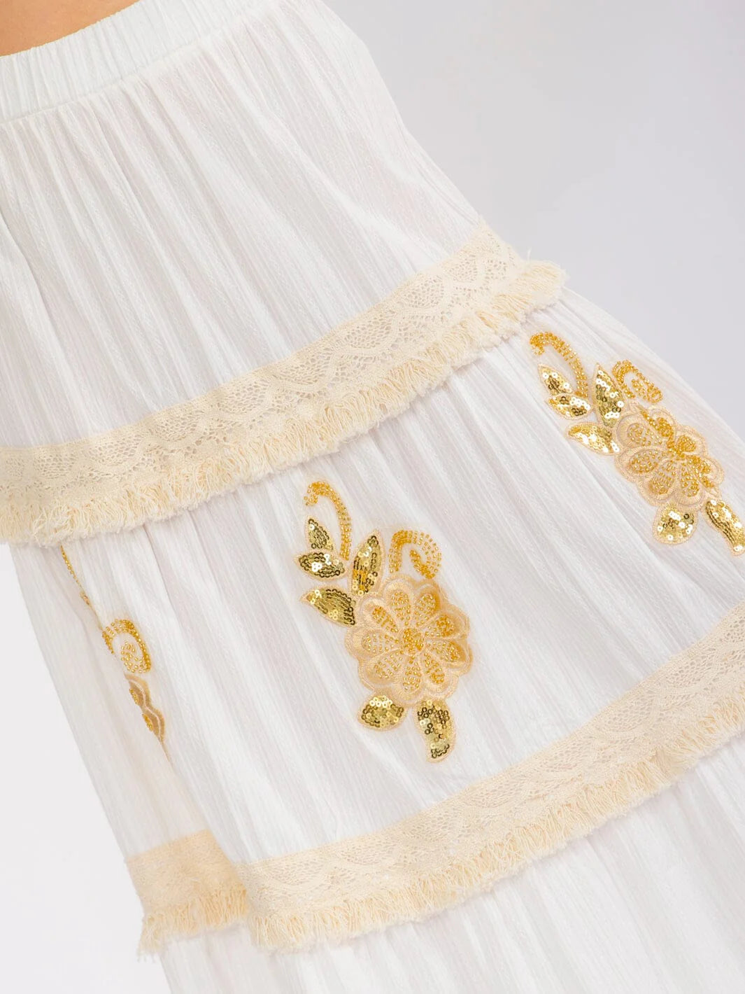 Elastic Waist Tiered FLOWER Sequins Maxi Skirt