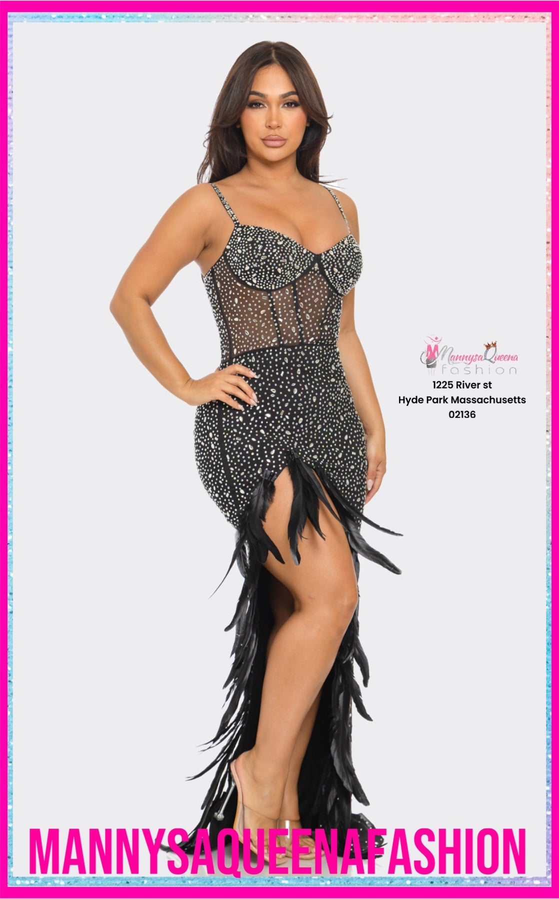 Polly Black Rhinestones LOW Maxi Dress