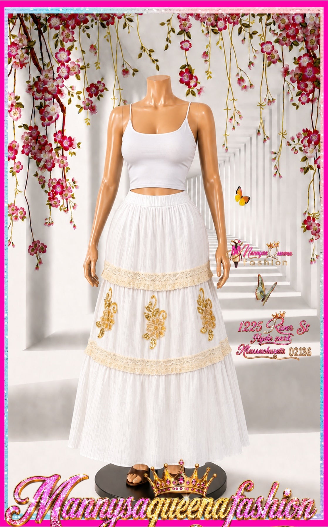 Elastic Waist Tiered FLOWER Sequins Maxi Skirt