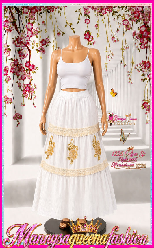 Elastic Waist Tiered FLOWER Sequins Maxi Skirt