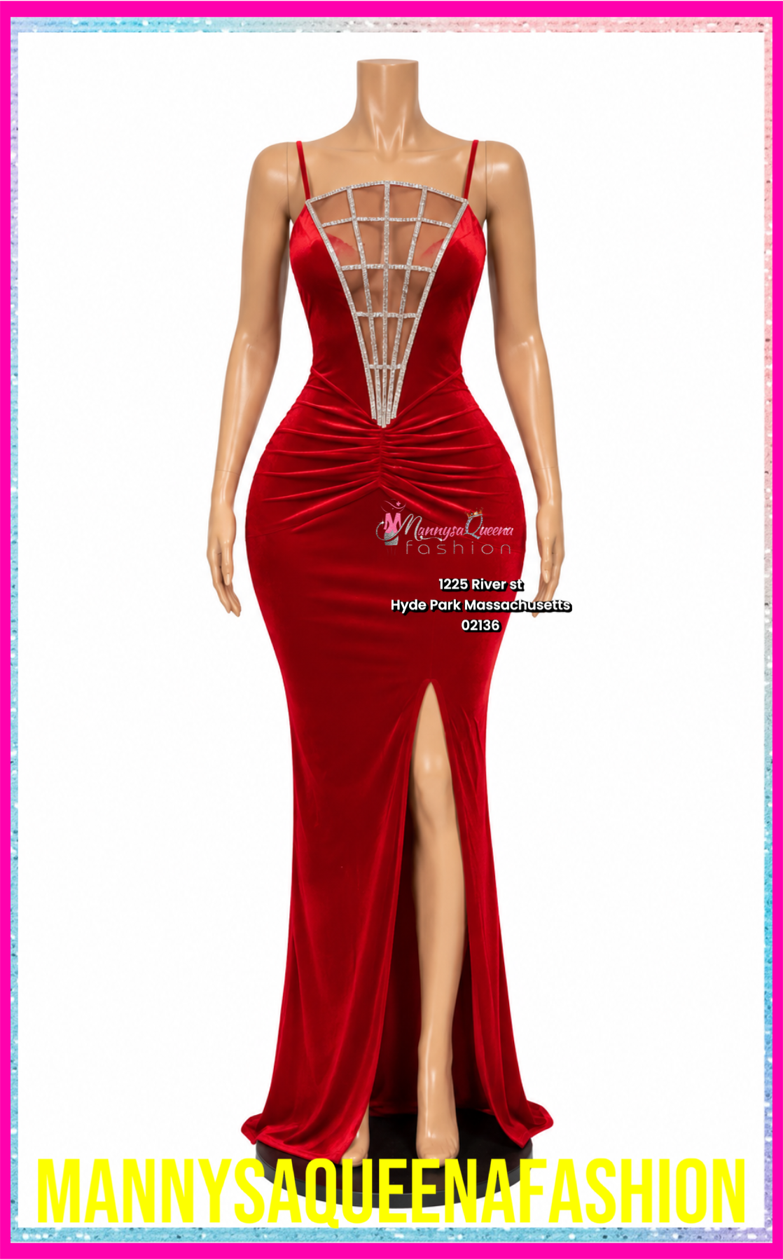 Red Glam Rhinestone Illusion Maxi Dress