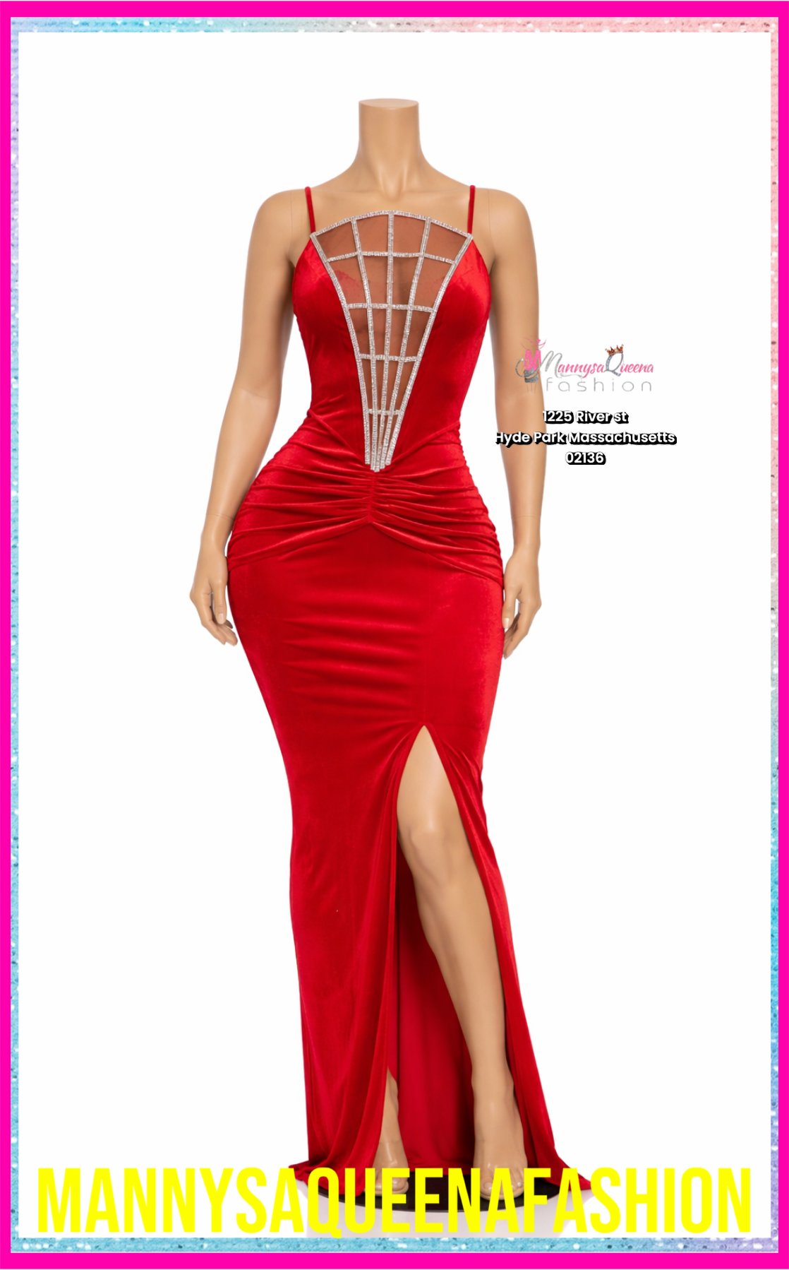 Red Glam Rhinestone Illusion Maxi Dress