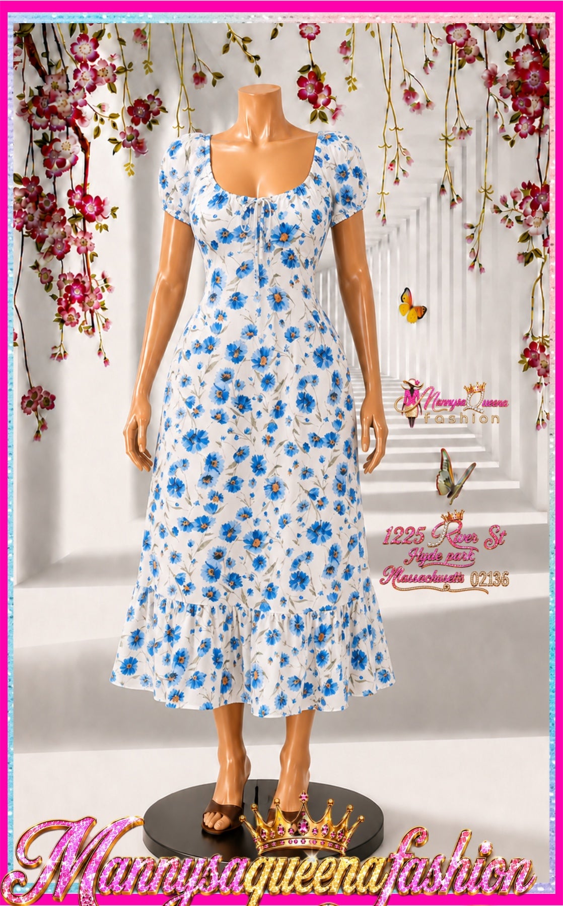 Short Sleeve Elastic WAIST Front Pockets Floral Maxi Dress