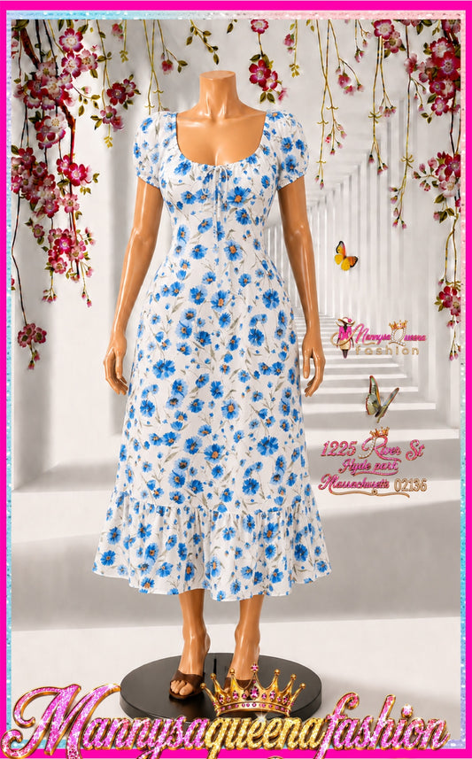 Short Sleeve Elastic WAIST Front Pockets Floral Maxi Dress
