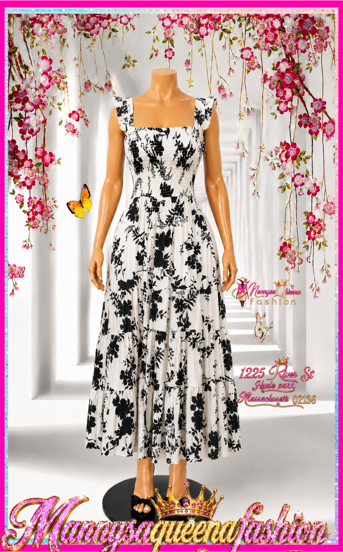 Sleeveless Square Neck Smock Floral Midi Dress