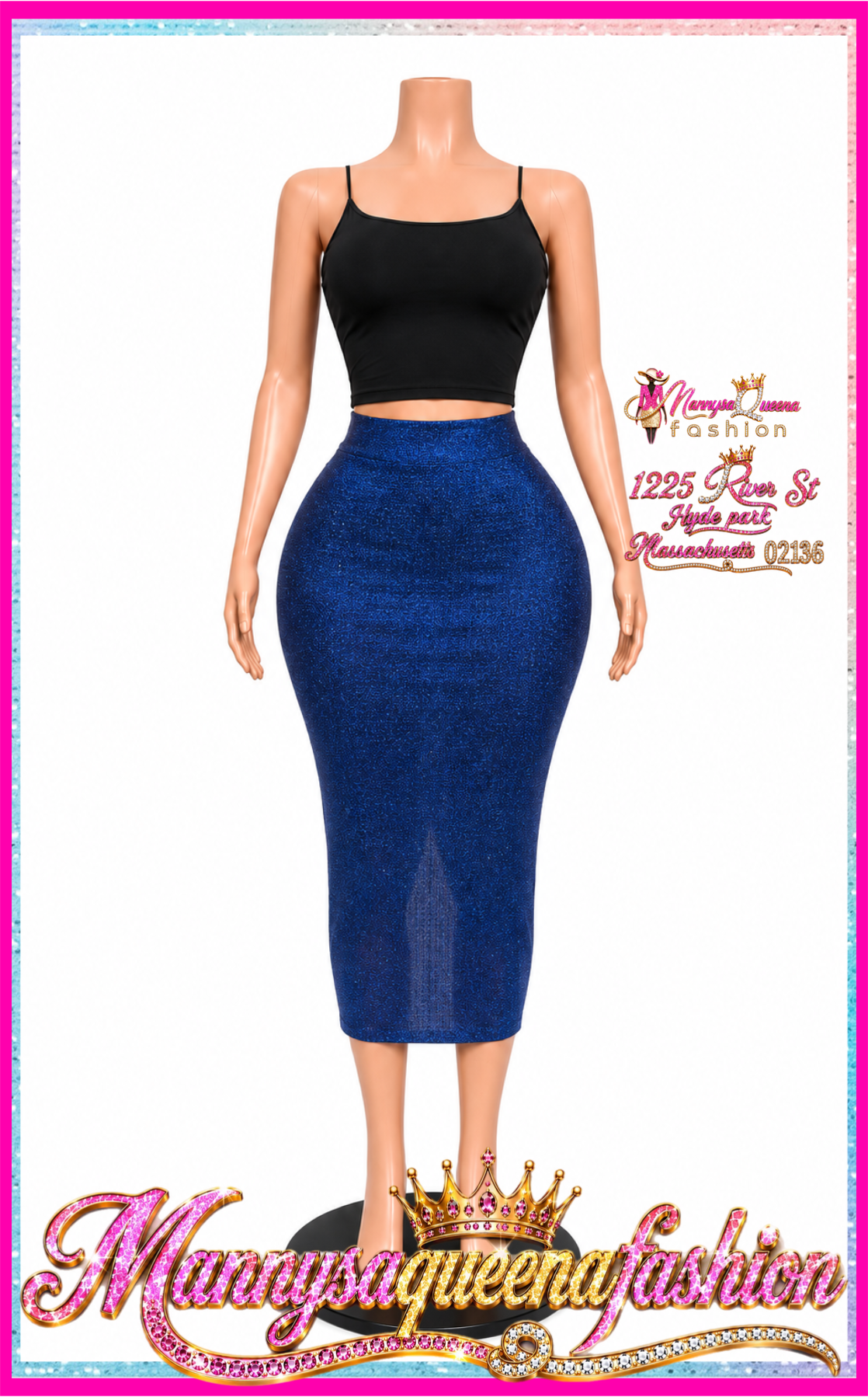 Rhinestones Midi Skirt Blue