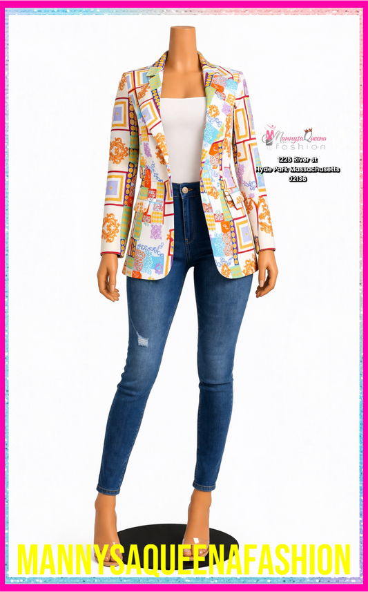 CLOSURE MULTI PRINT BLAZER WHITE