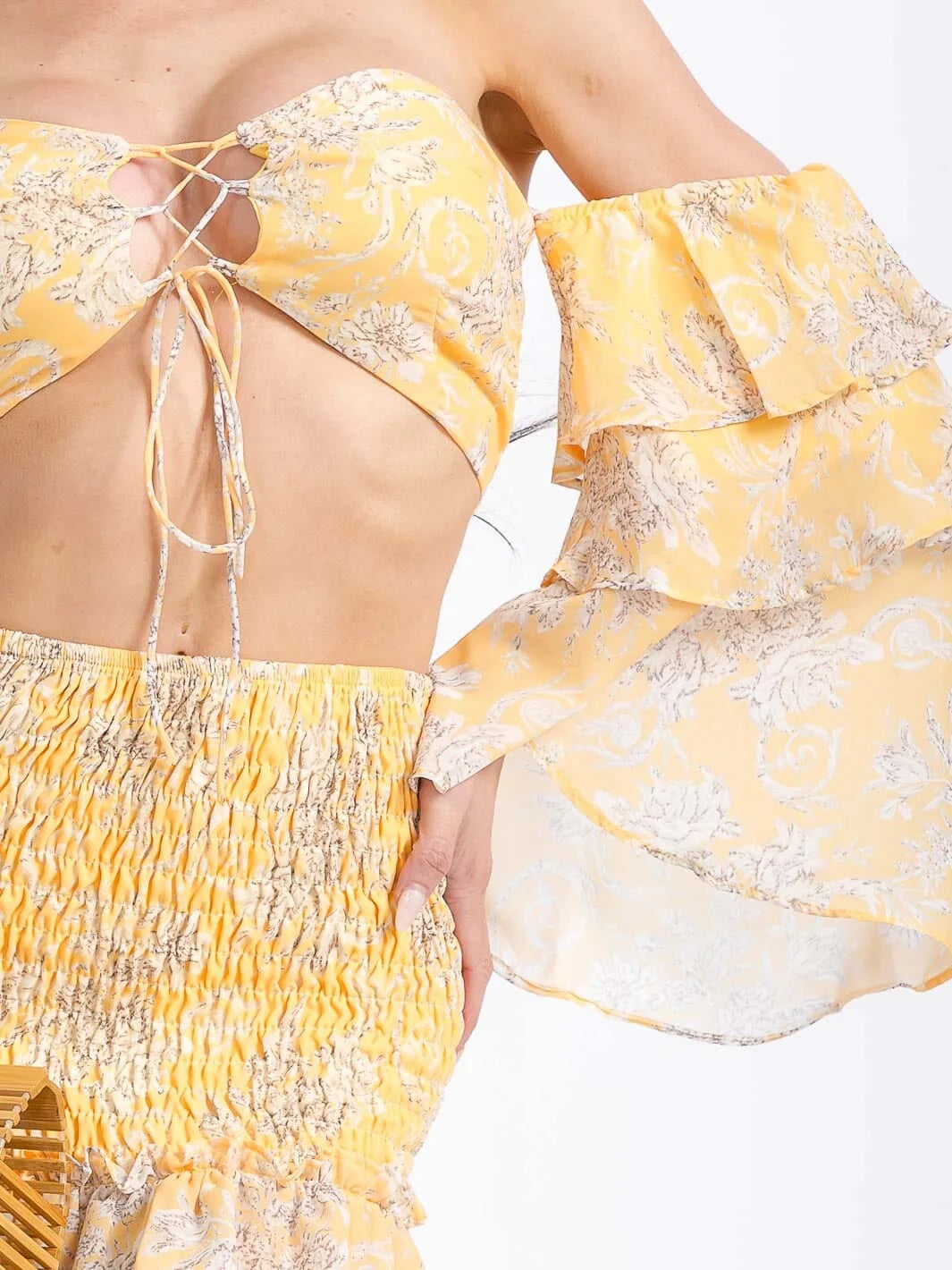 ruffle sleeves crop top & smock mini skirt floral 2pc set Yellow