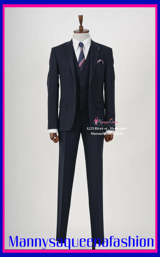 Mens Dark Navy Blue Three Piece Slim Fit Suit Parez Suits