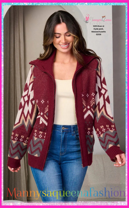 Multi Print Sweater Burgundy