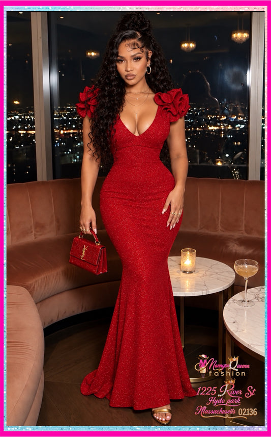 Glittered Ruffle Sleeve Red Dress