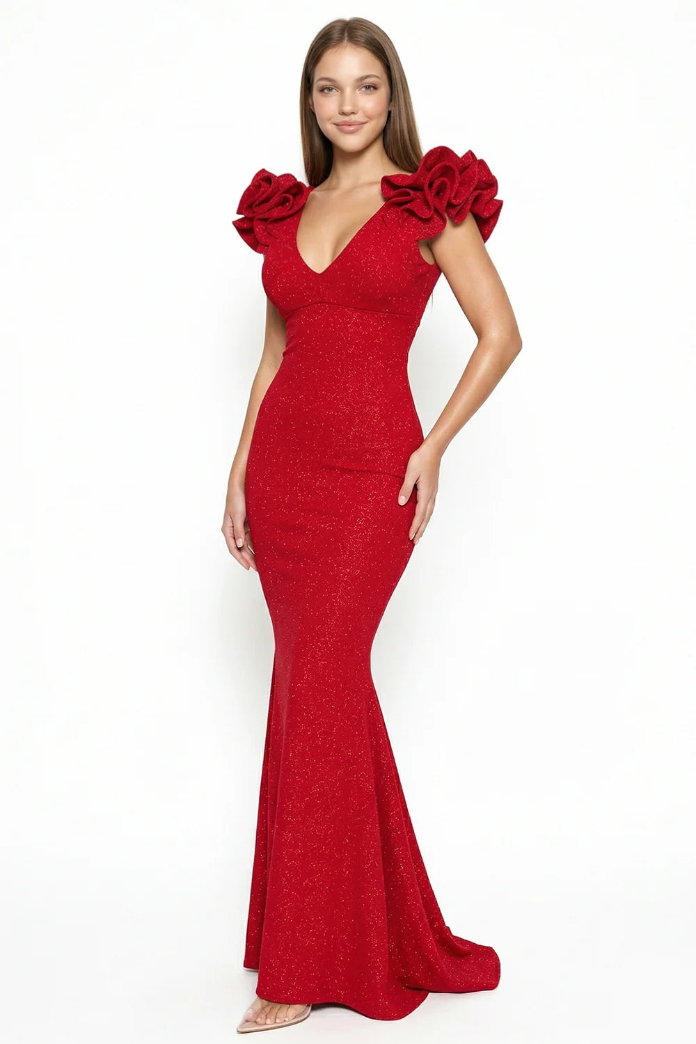 Glittered Ruffle Sleeve Red Dress