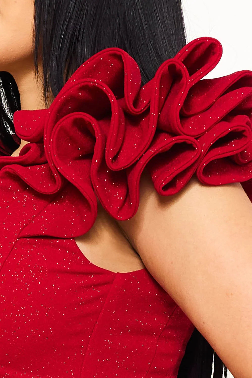 Glittered Ruffle Sleeve Red Dress